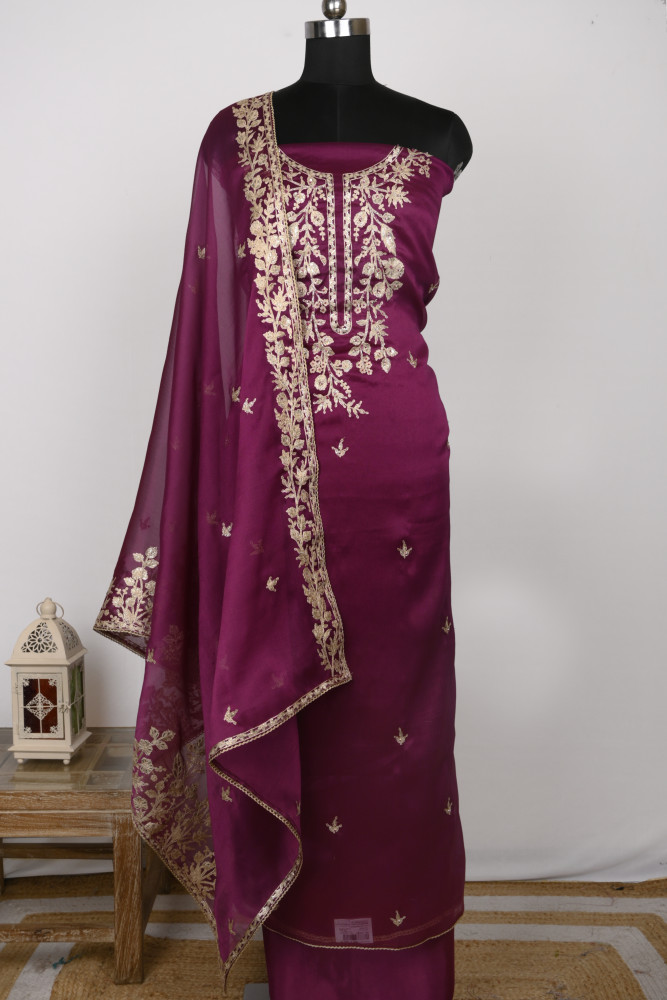 Image of Purple Silk Unstitch suit set with Dupatta - 131-51504