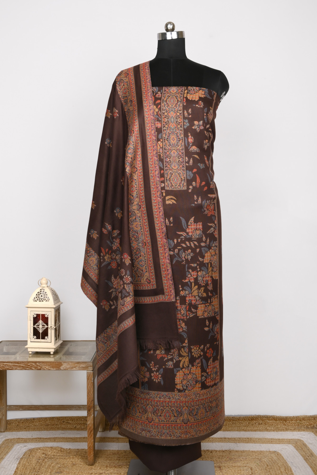 Brown Printed Pashmina Suit Set With Pashmina Dupatta - 1000-0484