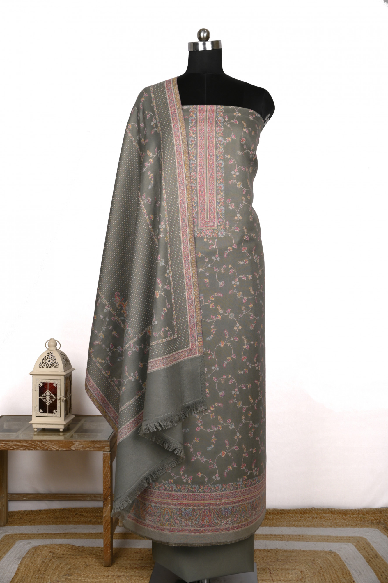 Grey Printed Pashmina Suit Set With Dupatta - 1000-0481A