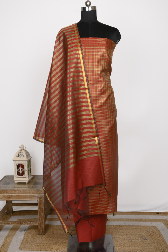 Image of Mehroon Chanderi  Silk Unstitch suit set with Chanderi  silk Dupatta - 1021-TISSUE-1B