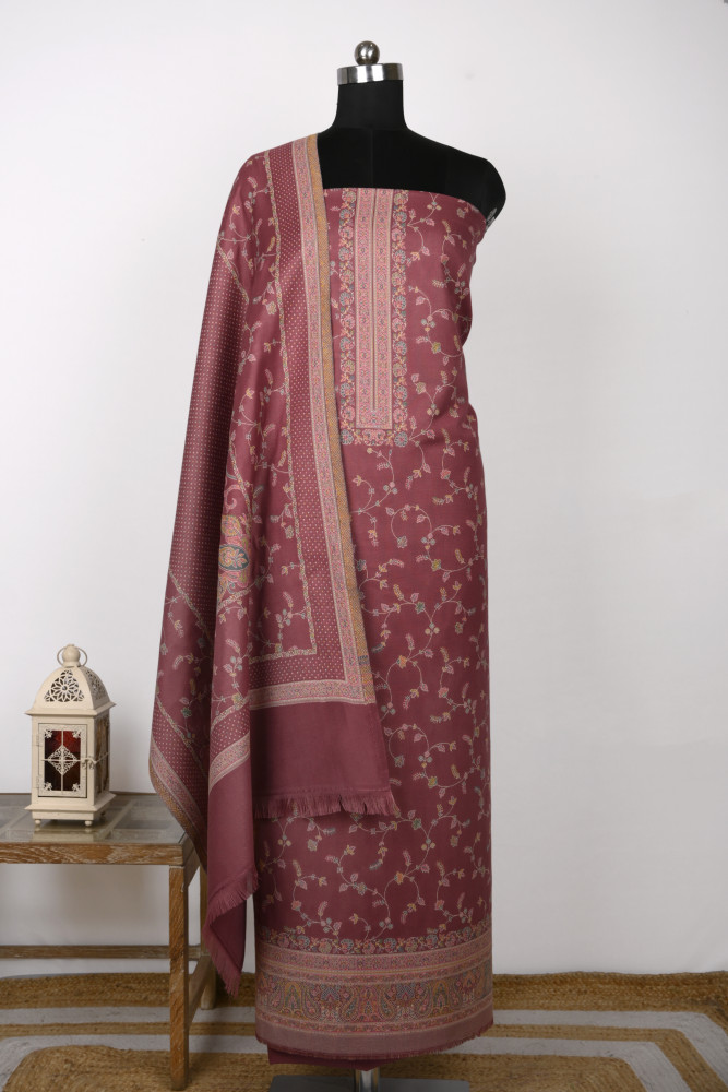 Image of Pink Printed Pashmina Suit Set With Dupatta - 1000-0481C