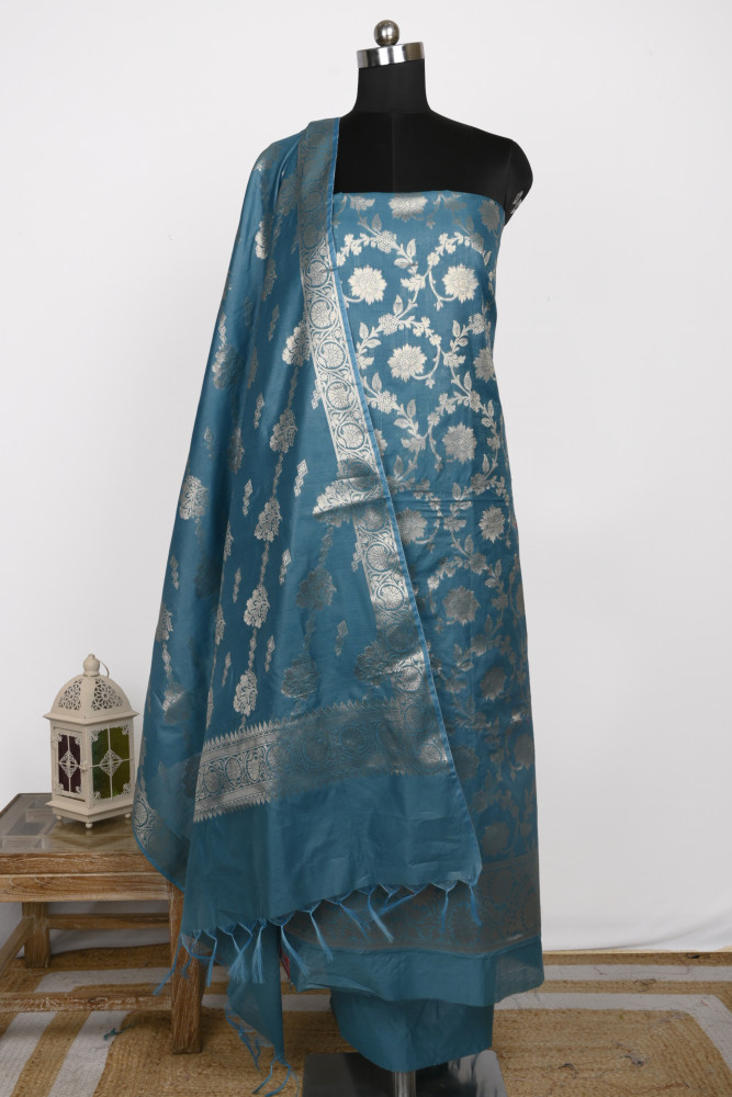 Image of Blue Chanderi Silk Unstitch suit set with Chanderi  silk Dupatta - 1021-RGN-7B