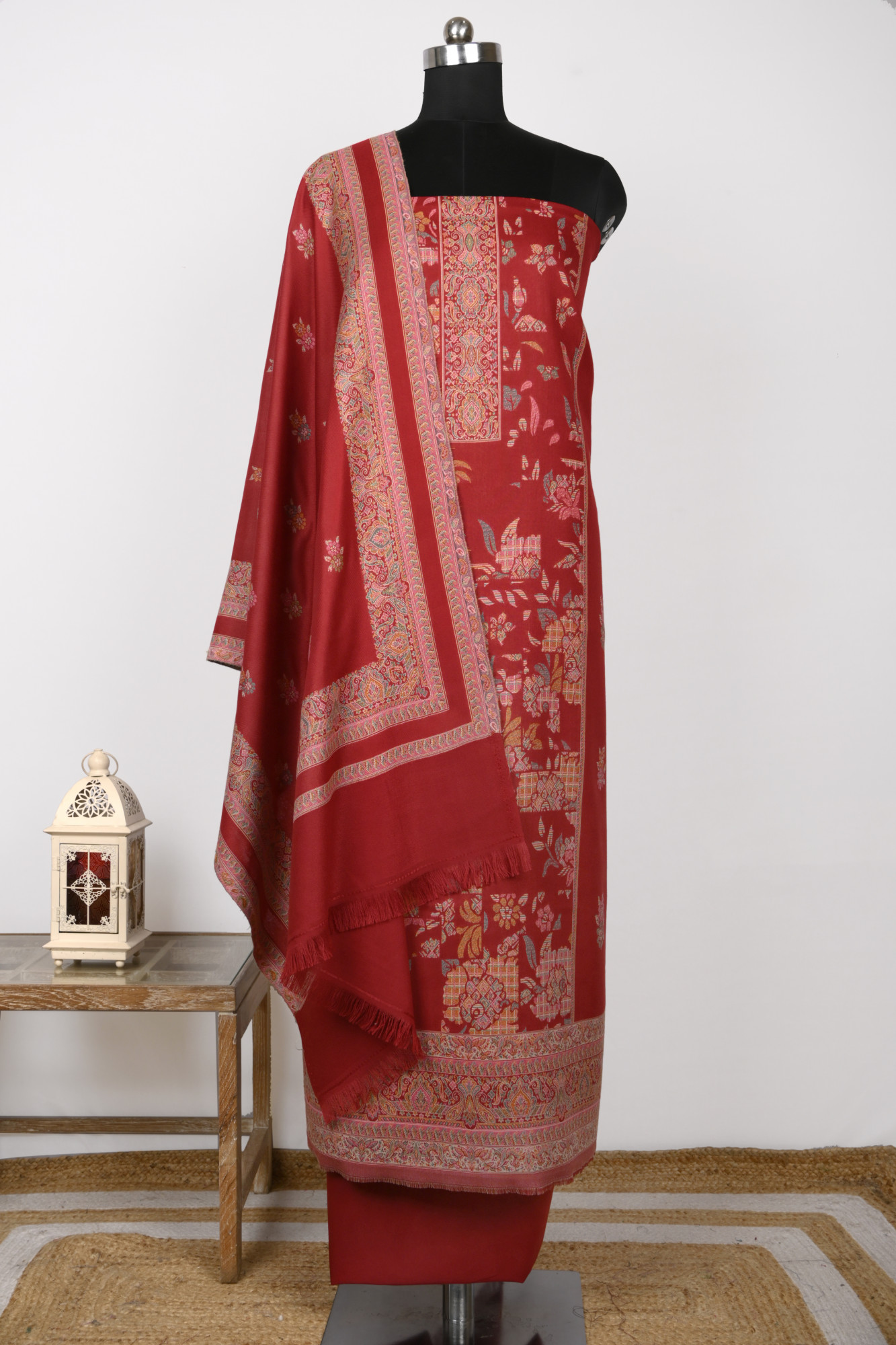 Red Printed Pashmina Suit Set With Dupatta - 1000-0484B