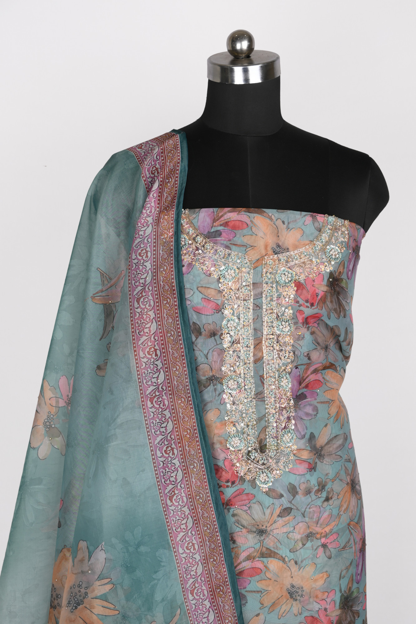 Firozi Unstitched Organza Beautiful Suit with Dupatta - 131-ML12537C