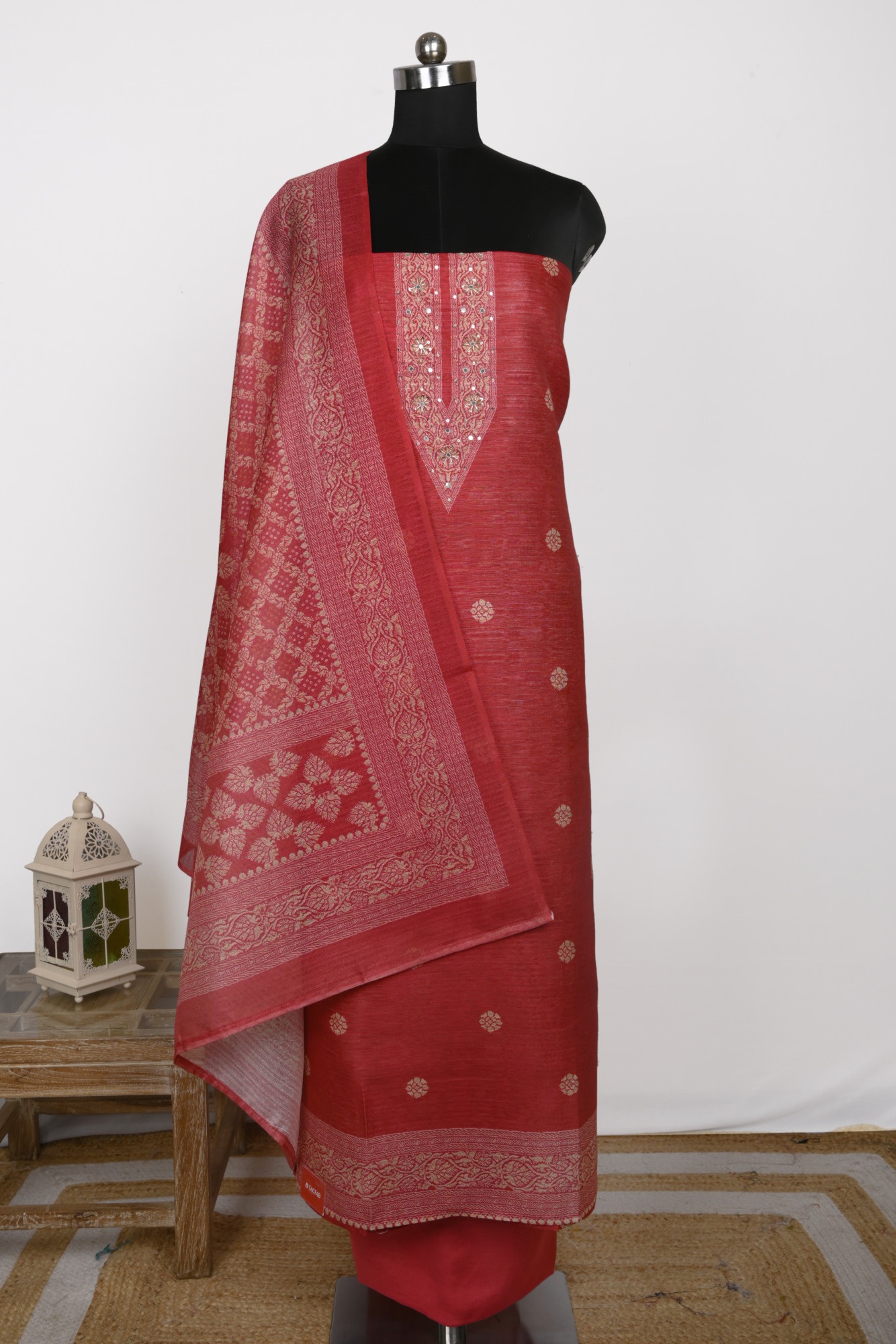 Red Chanderi Silk Unstitch suit set with Chanderi silk Dupatta - 220-9083-1A
