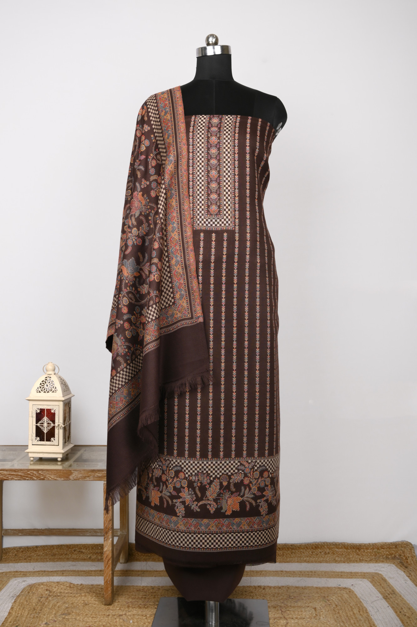 Coffee Printed Pashmina Suit Set With Dupatta - 1000-0480