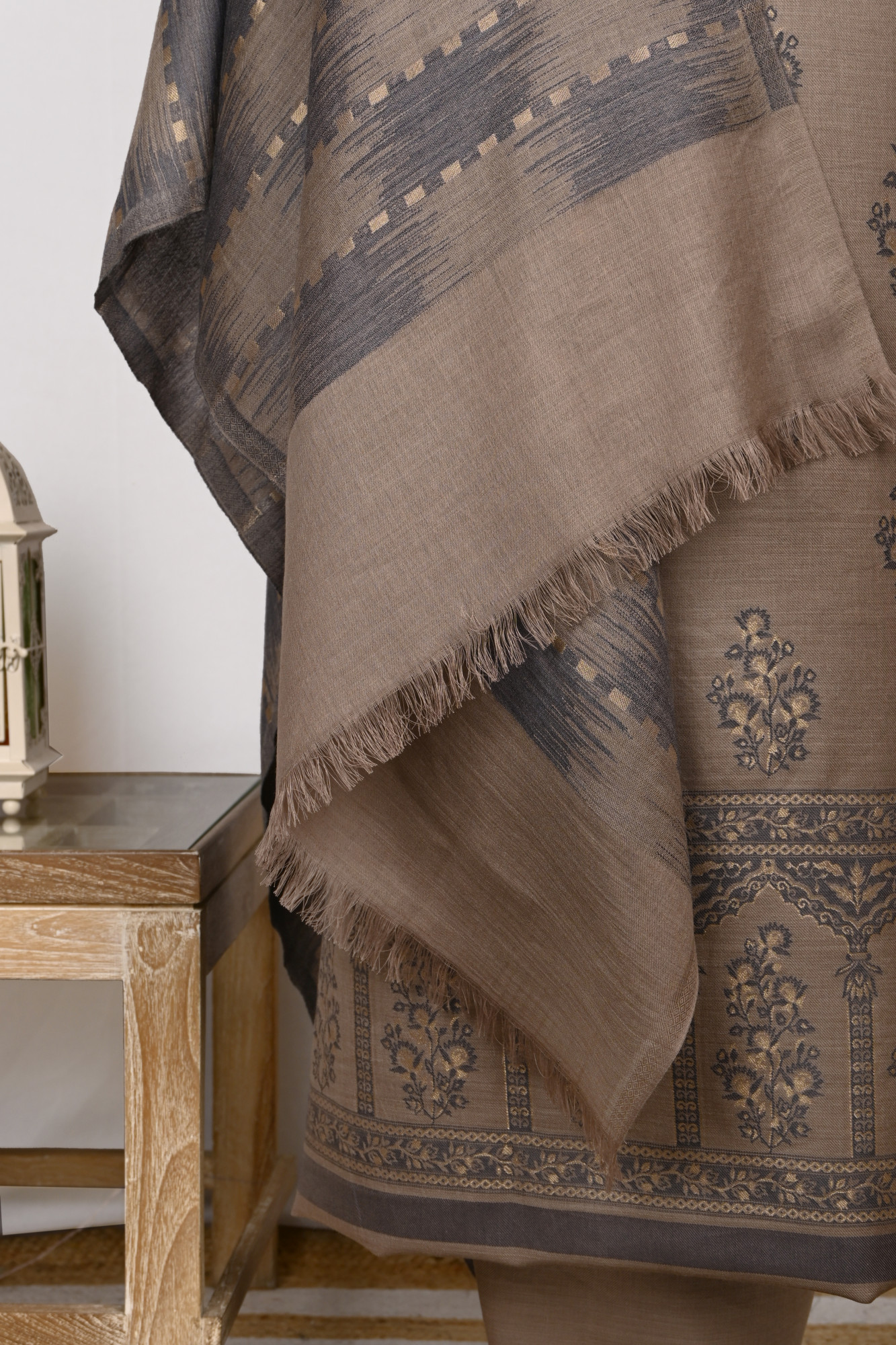 Beige Pashmina Suit Set with Pashmina Dupatta - PASH1403