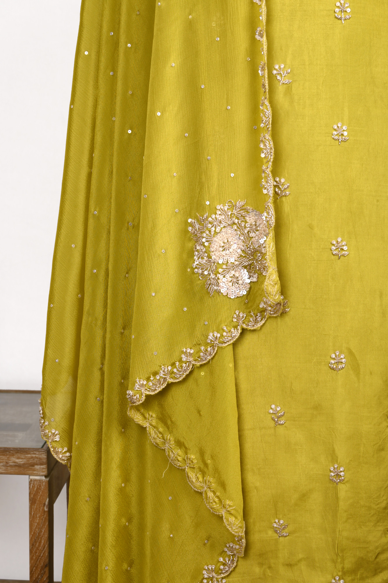 Green Satin Silk Suit Set with Chinon Dupatta - 969-3810A