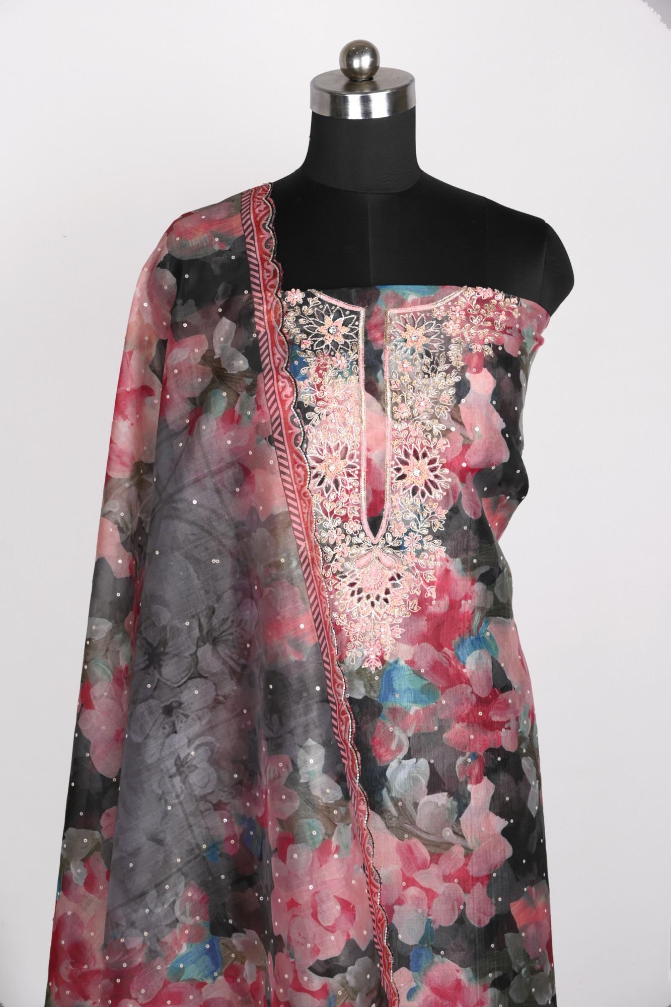 Black Unstitched Organza Beautiful Suit with Dupatta - 131-11039