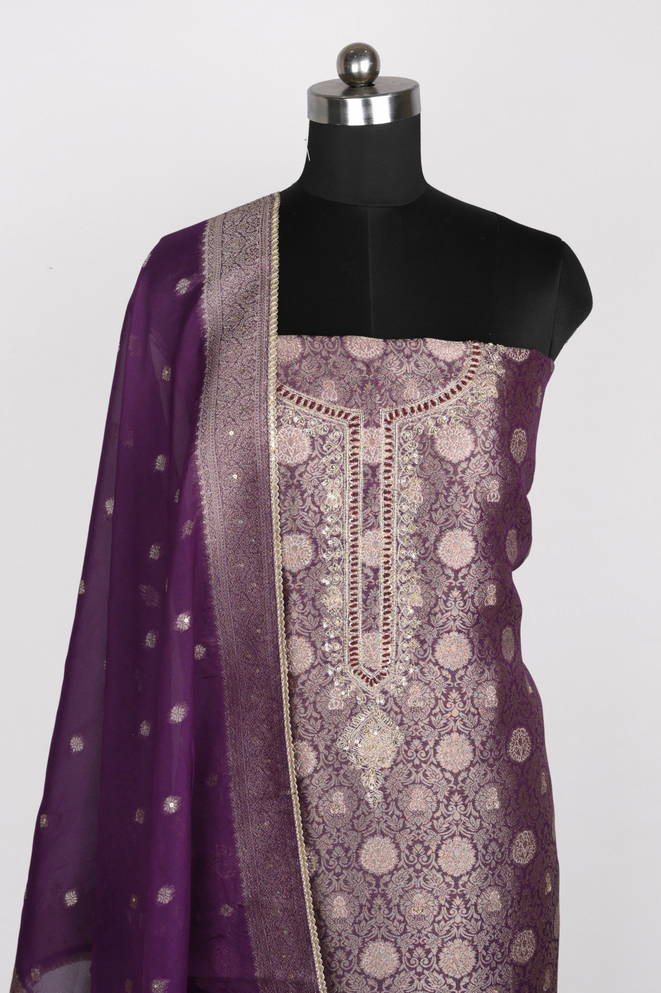 Purple Silk Suit Set with Beautiful Organza Dupatta - 131-GD470C