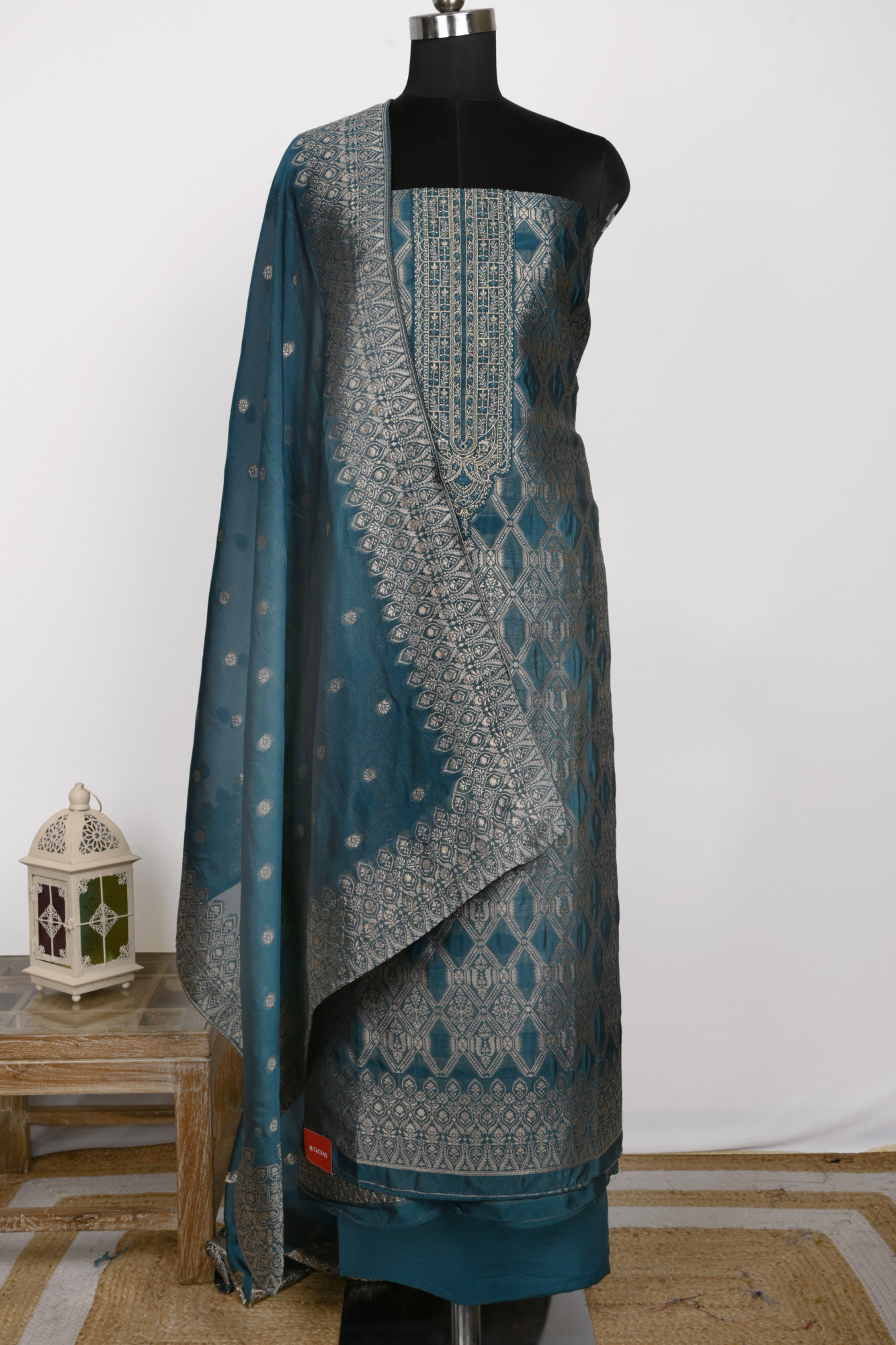 Blue Chanderi Silk Unstitch suit set with Chanderi silk Dupatta - 944-11143B