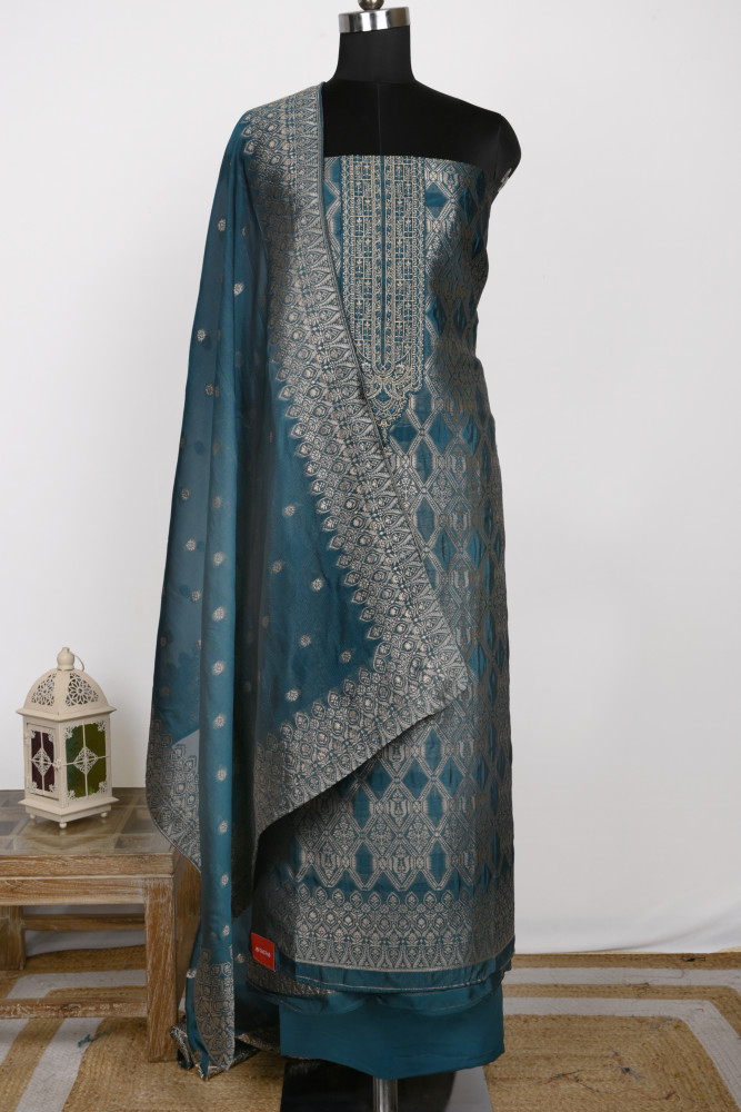 Image of Blue Chanderi Silk Unstitch suit set with Chanderi  silk Dupatta - 944-11143B