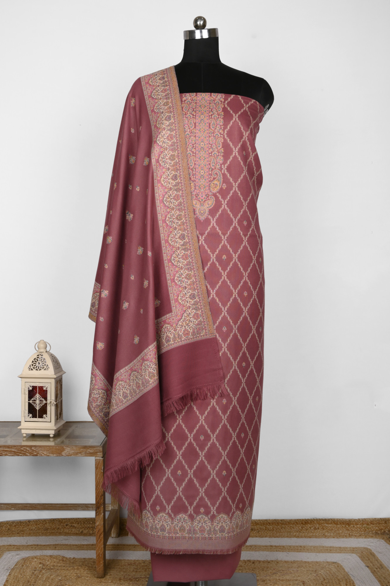Pink Printed Pashmina Suit Set With Dupatta - 1000-0485C