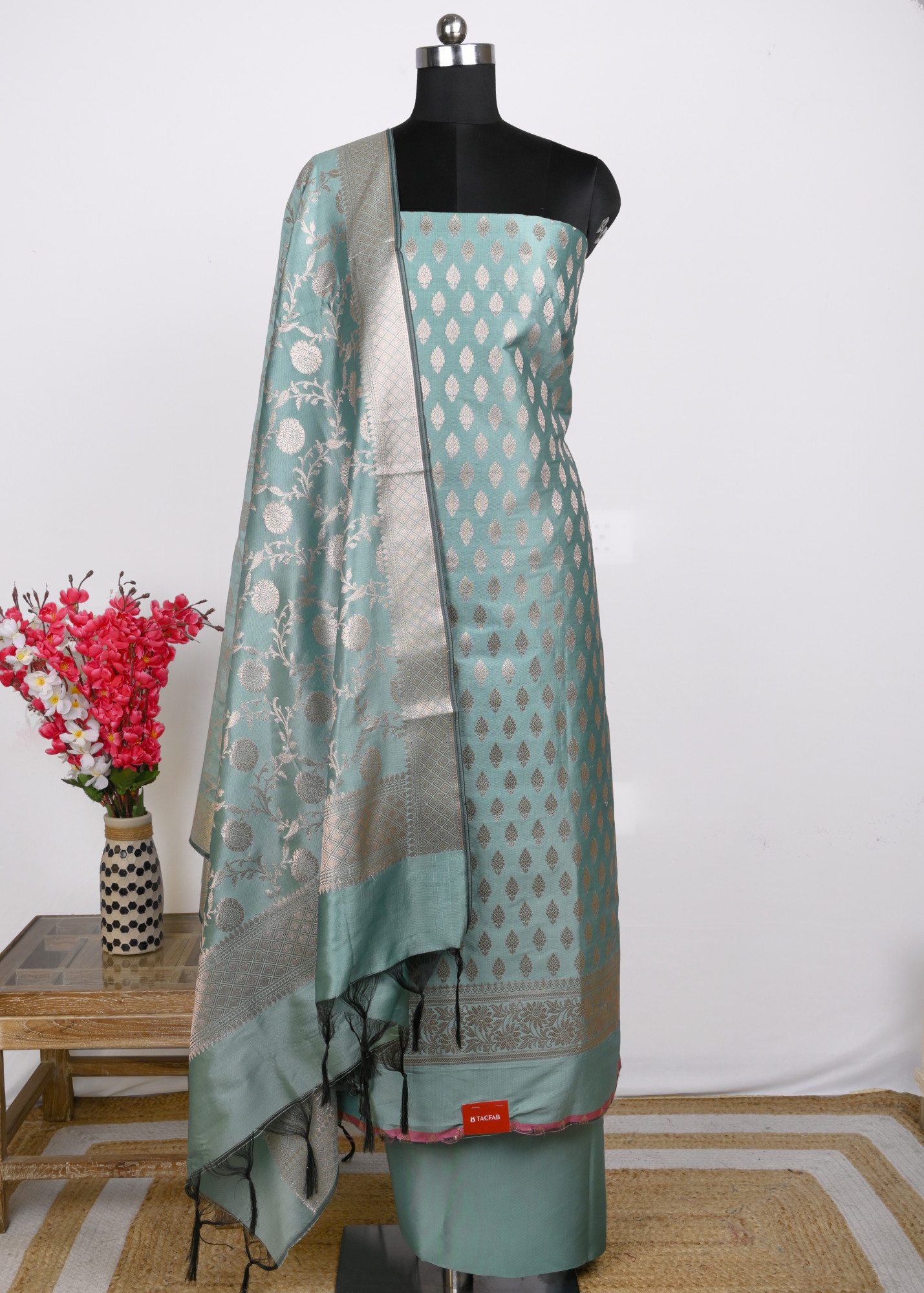 Green Chanderi Silk Unstitch Suit Set with Dupatta - 1021-JNF-6A