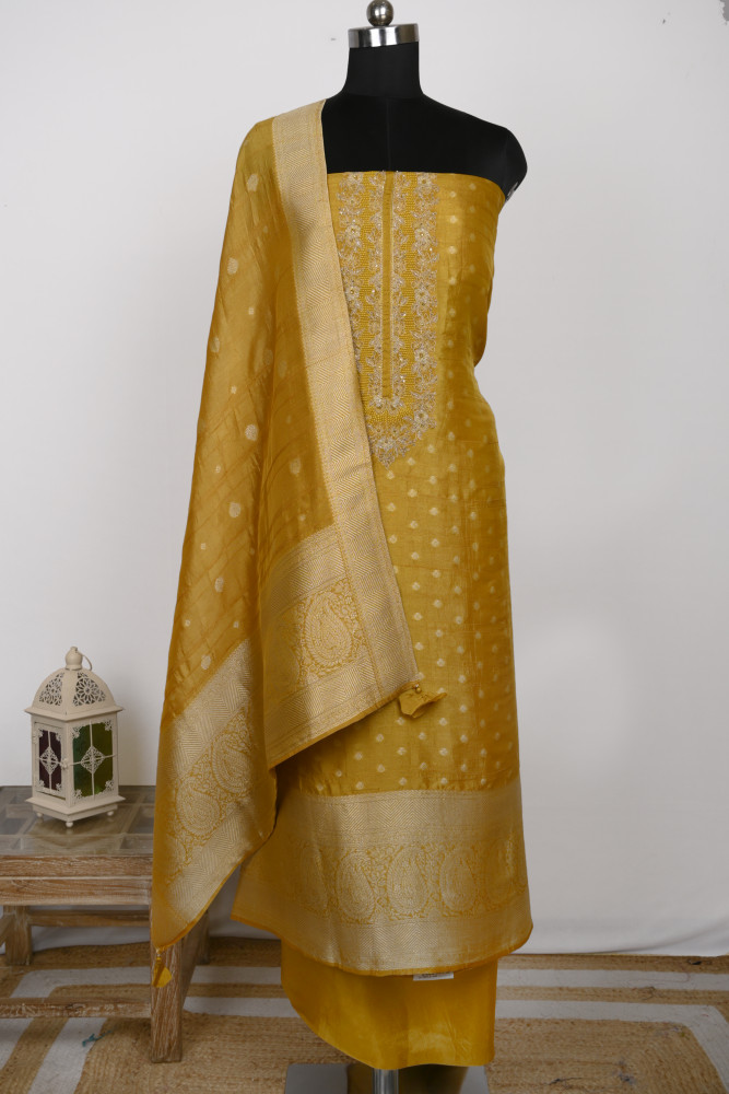 Image of Yellow Chanderi Silk Beautiful Unstitch suit set with Dupatta - R157-SPR1958A