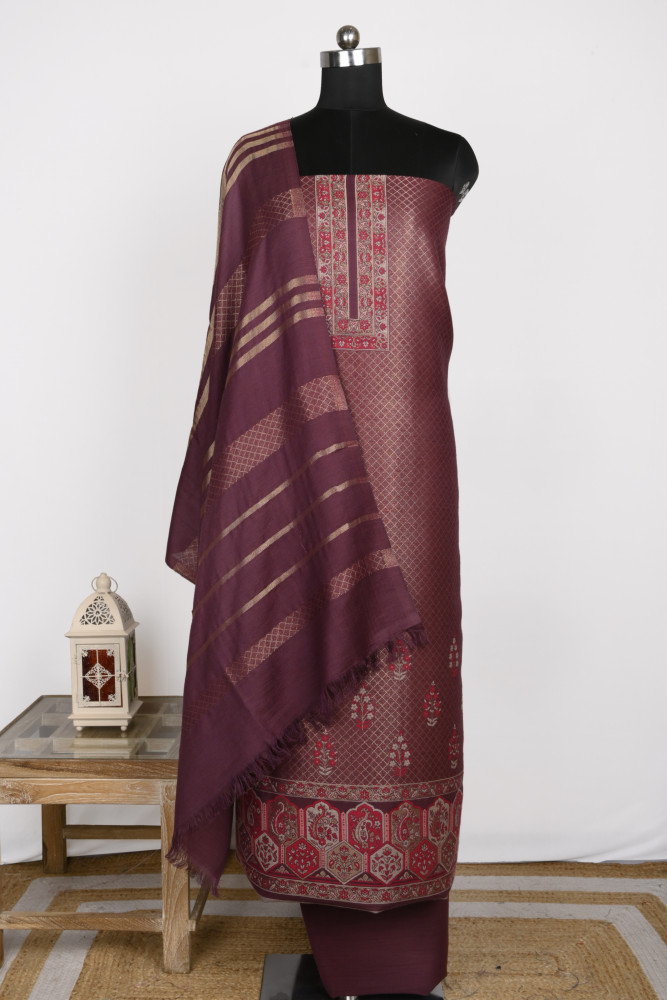 Image of Maroon Pashmina Suit Set with Pashmina Dupatta - PASH1404B