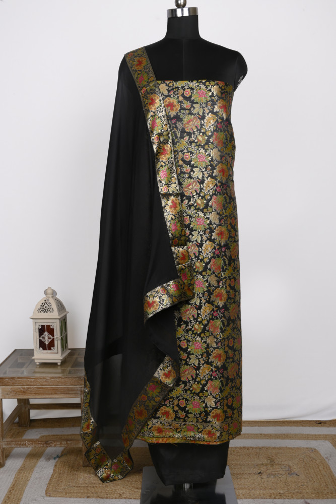 Image of Black Banarsi Brocade Unstitch suit set with Dupatta - 1021-KIMKHAB-3A
