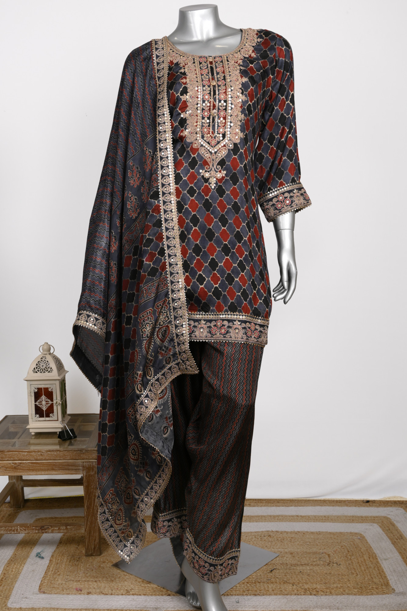 Blue Satin Silk Stitched Suit Set with Dupatta - 1023-1024A
