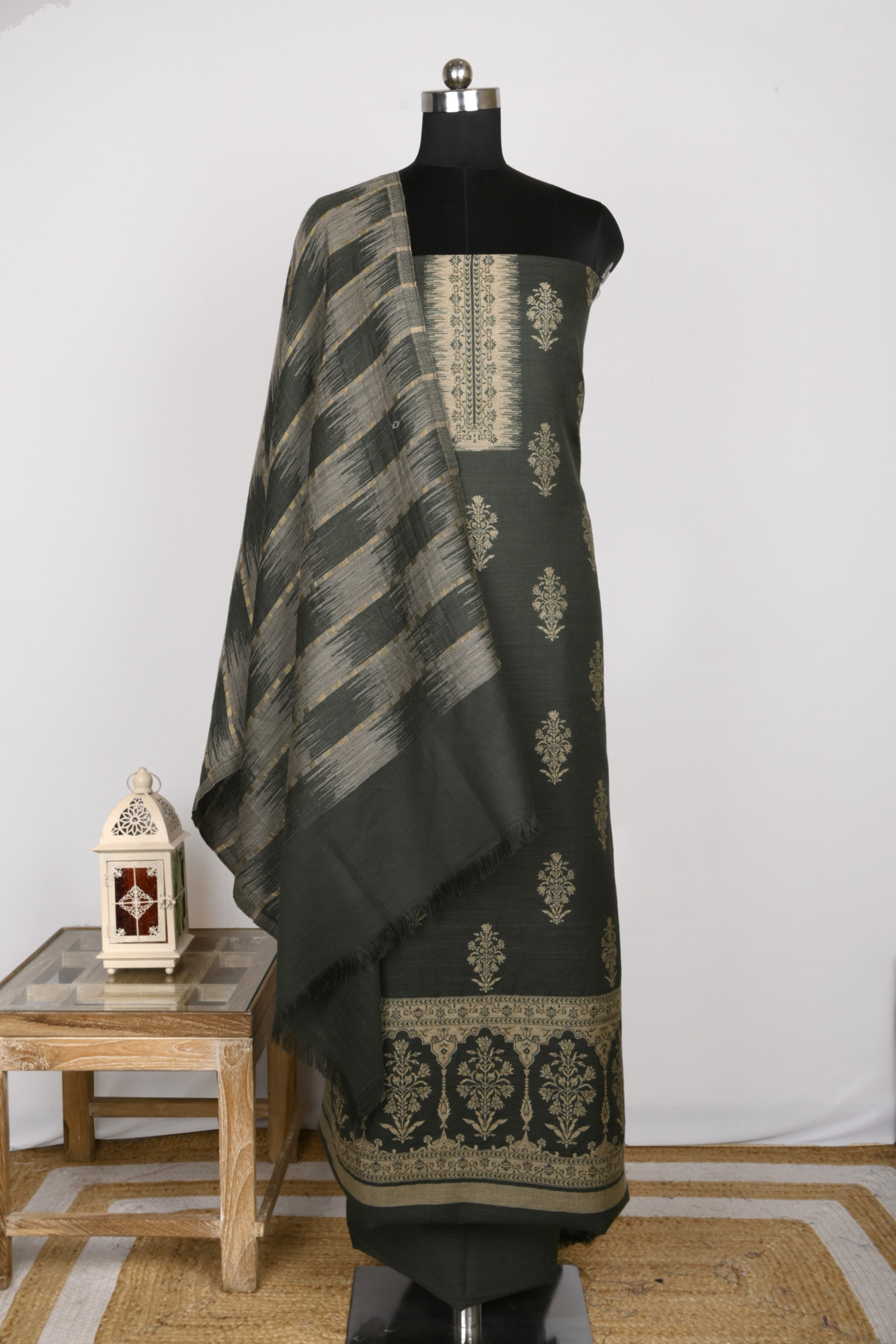 Green Pashmina Suit set with Pashmina Dupatta - PASH1403C