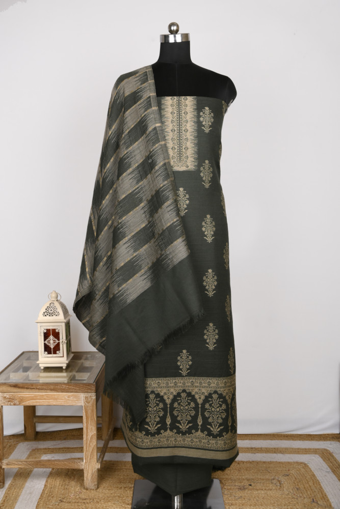Image of Green Pashmina Suit set with Pashmina Dupatta - PASH1403C