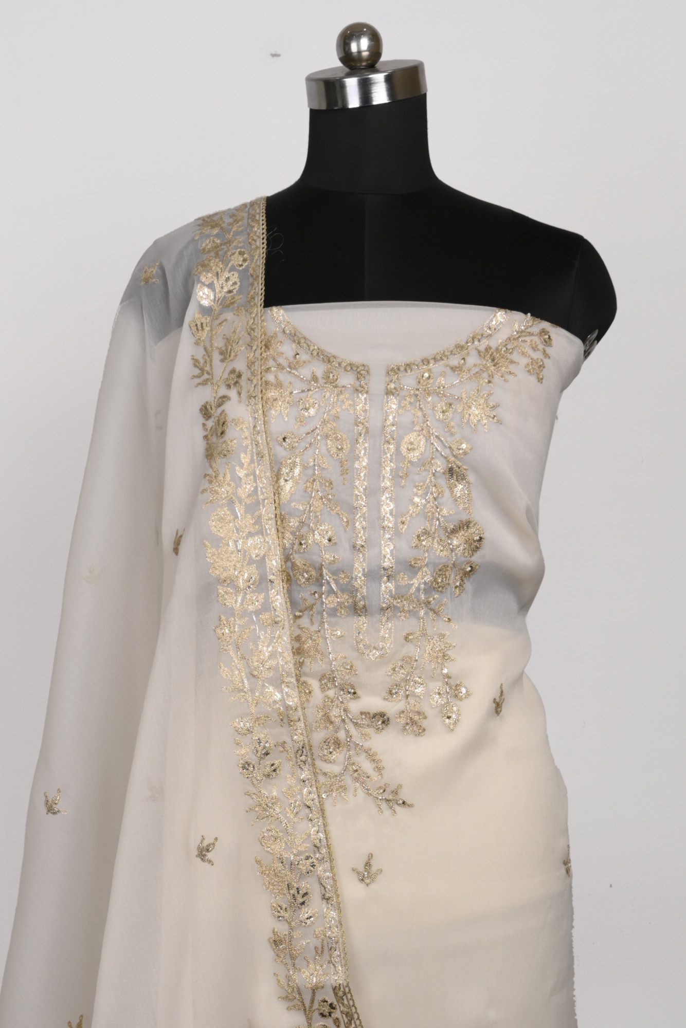 Off- White Silk Unstitch suit set with Dupatta - 131-51504D
