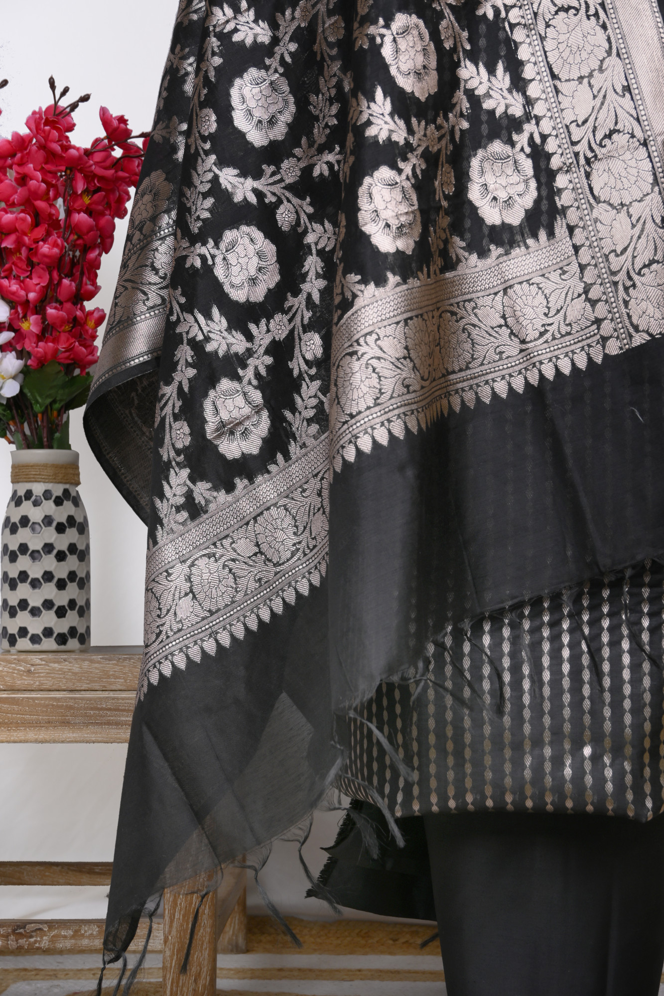 Black Chanderi Silk Unstitch Suit Set with Dupatta - 1021-NMRNCK-1E