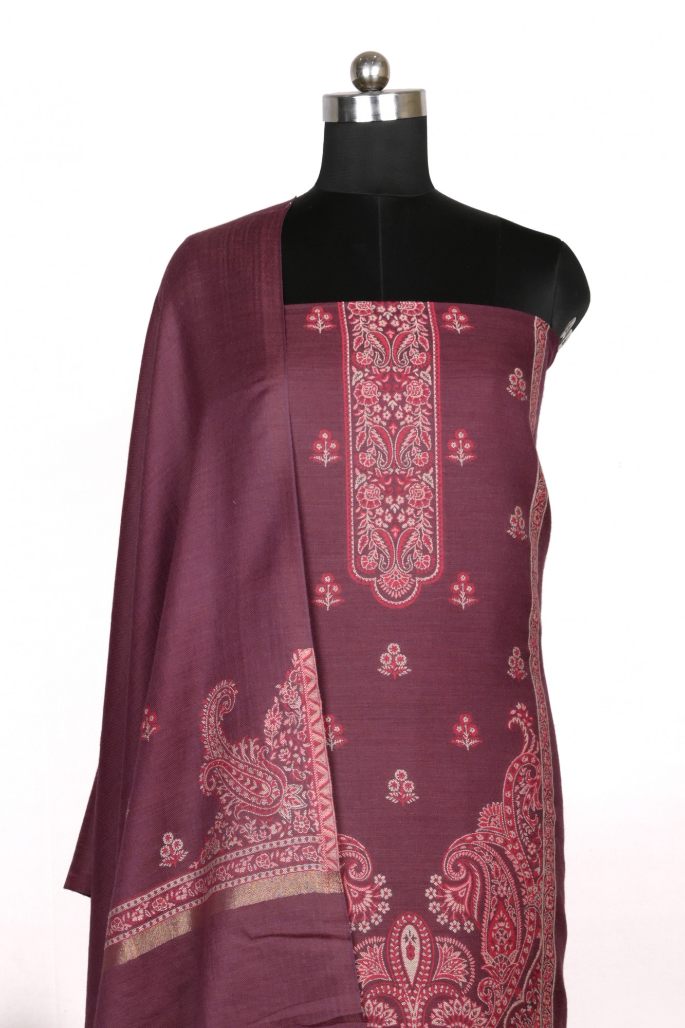 Wine Pashmina Weaving Suit Set with Beautiful Pashmina Dupatta - PASH1402C
