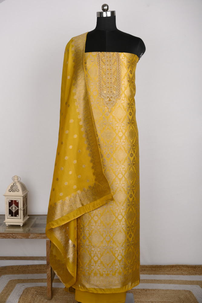 Image of Yellow Organza Beautiful Suit Set with Dupatta - 131-KE11242A