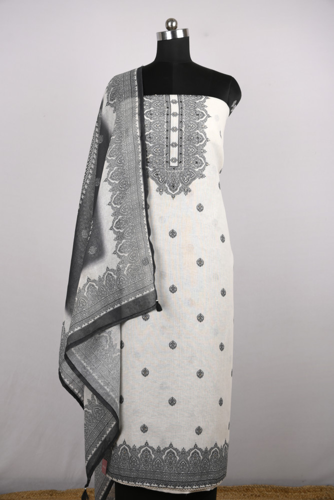 Image of Off- White Cotton Suit Set with Beautiful Dupatta - 1020-4953
