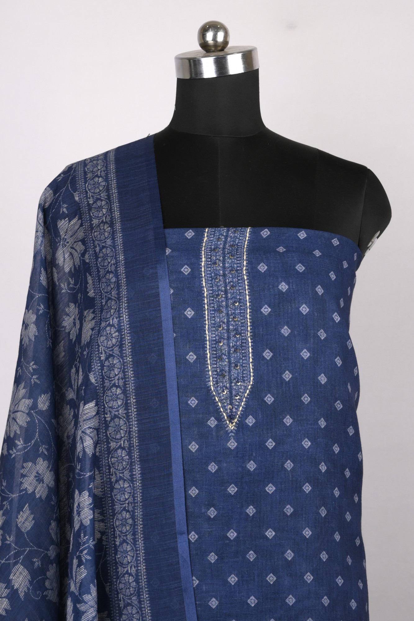 Blue Cotton Suit Set with Beautiful Dupatta - 1020-4954-2A