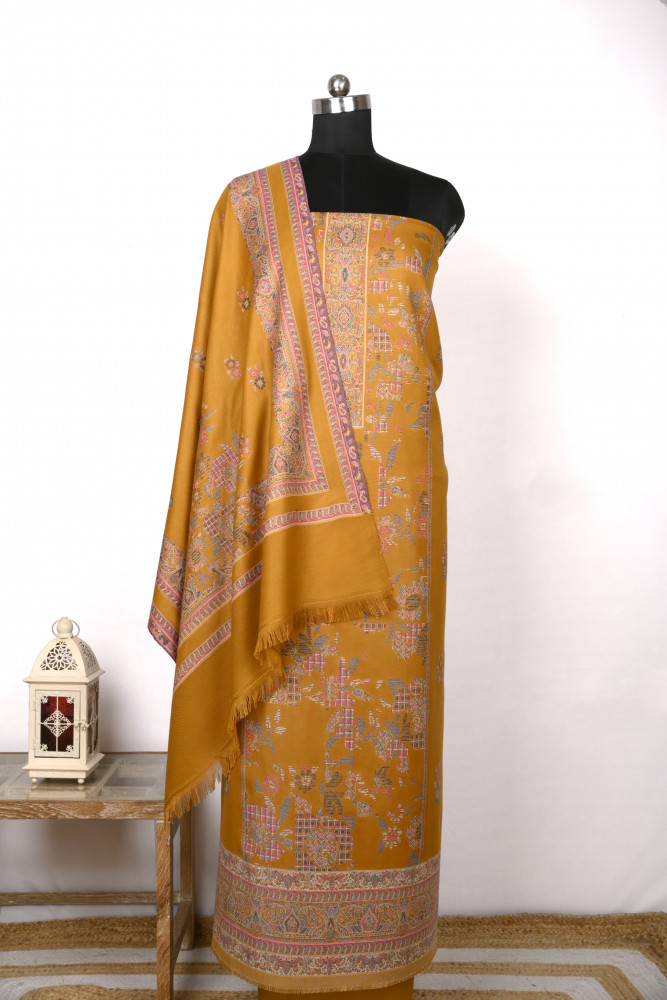 Image of Mustard Printed Pashmina Suit Set With Dupatta - 1000-0484C