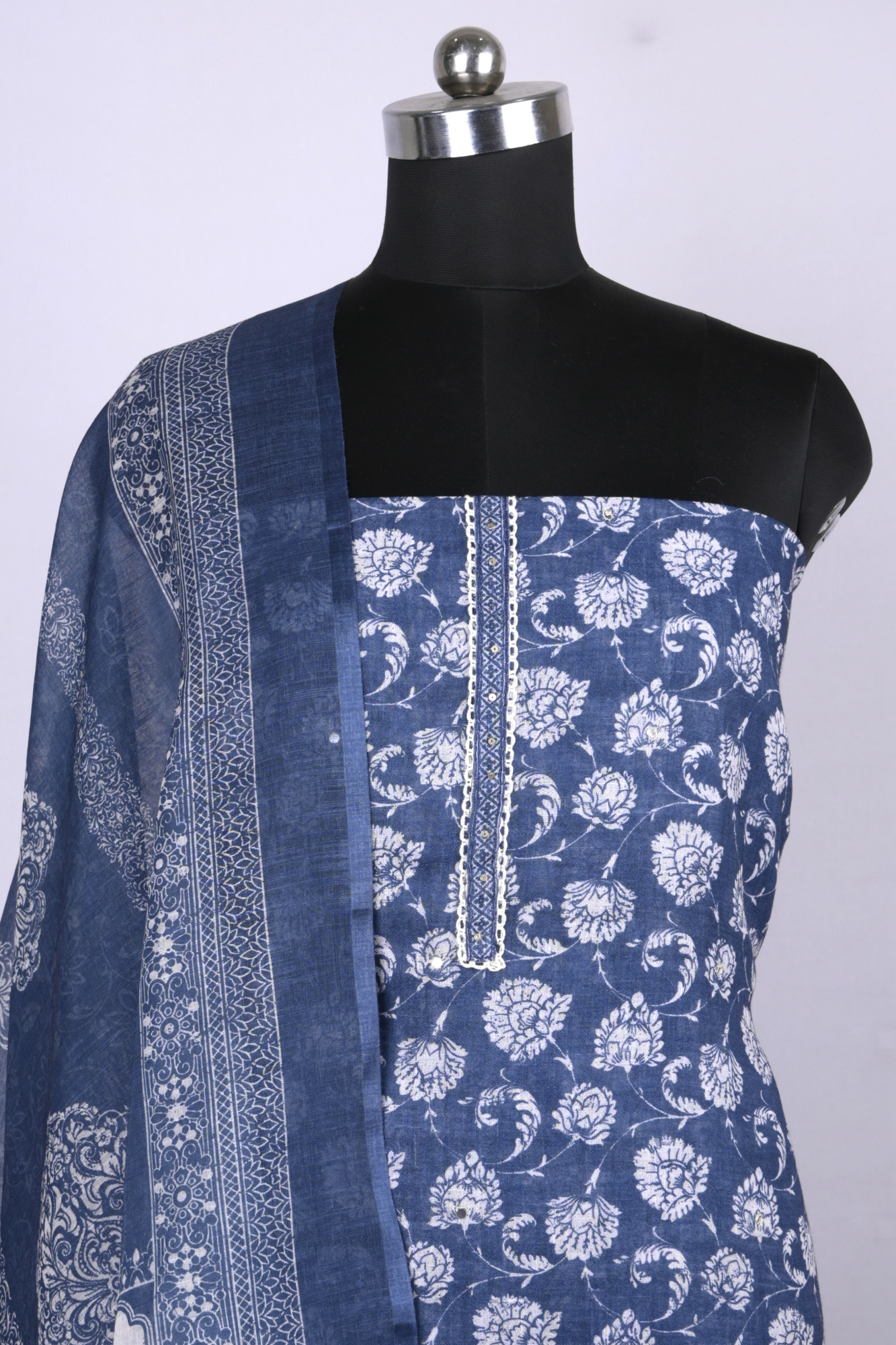 Blue Cotton Suit Set with Beautiful Dupatta - 1020-4952-3A