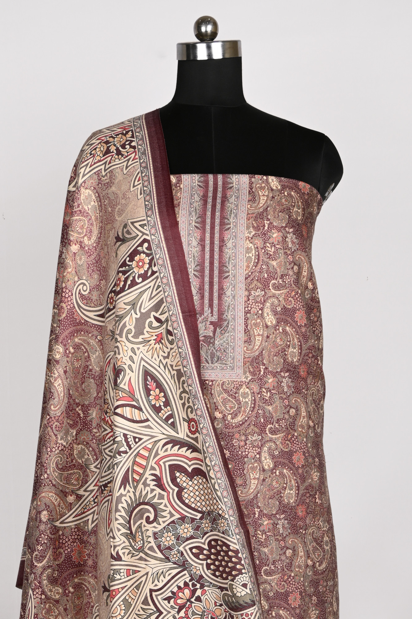 Wine Spun Printed Suit Set with Spun Dupatta - 1000-70341C