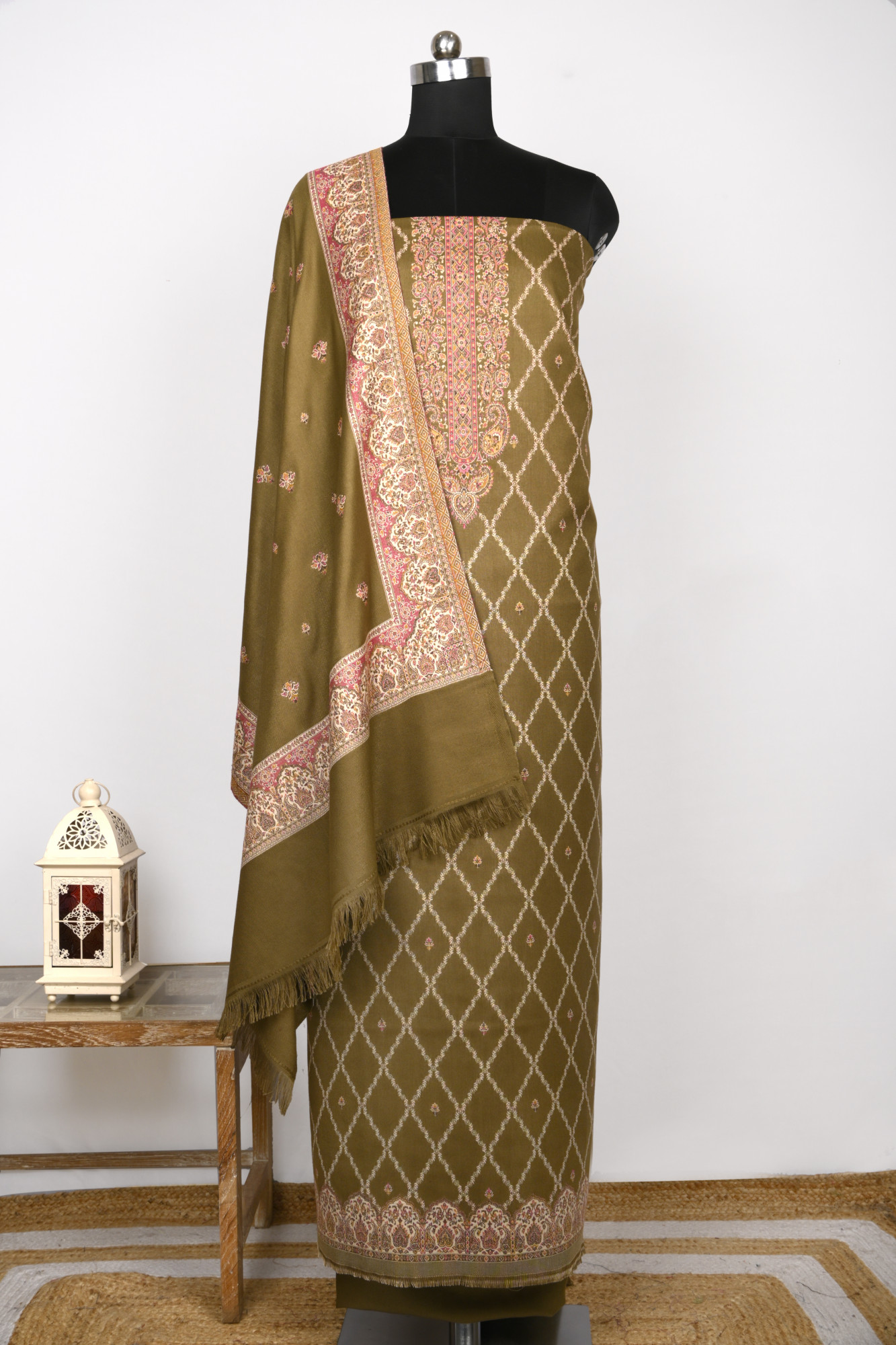 Mehndi Printed Pashmina Suit Set With Dupatta - 1000-0485B