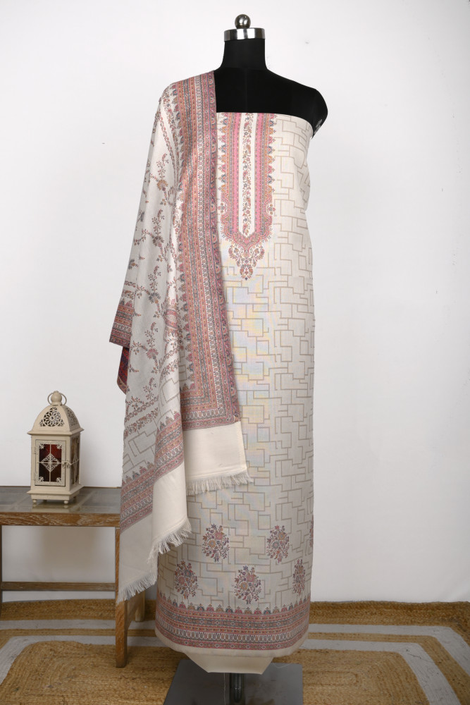 Image of Off - white Printed Pashmina Suit Set With Dupatta - 131-0482C