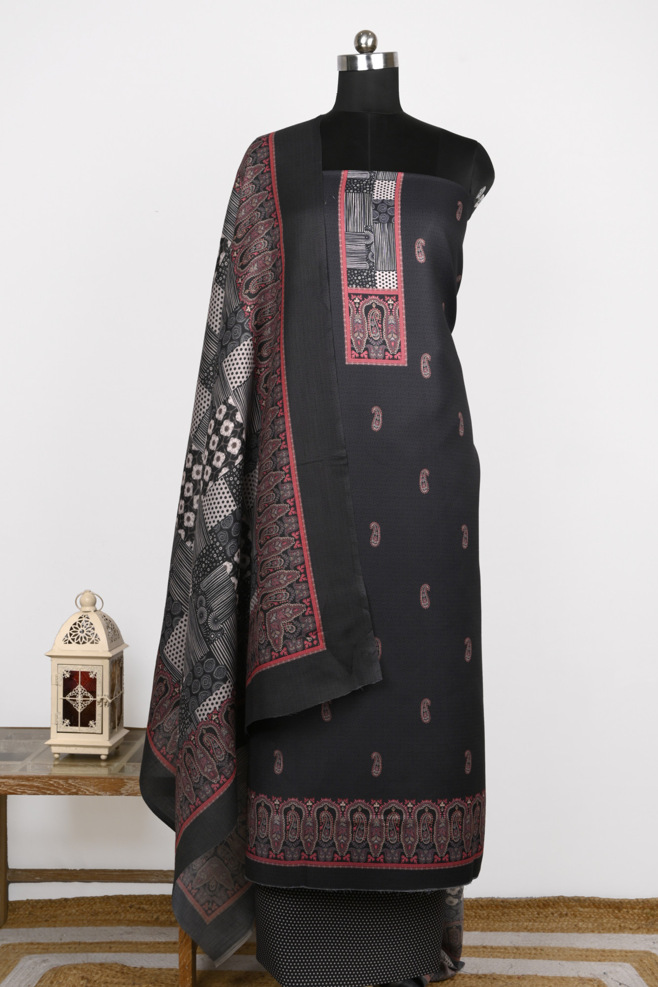 Black Printed Spun Suit Set With Dupatta - 131-1815A