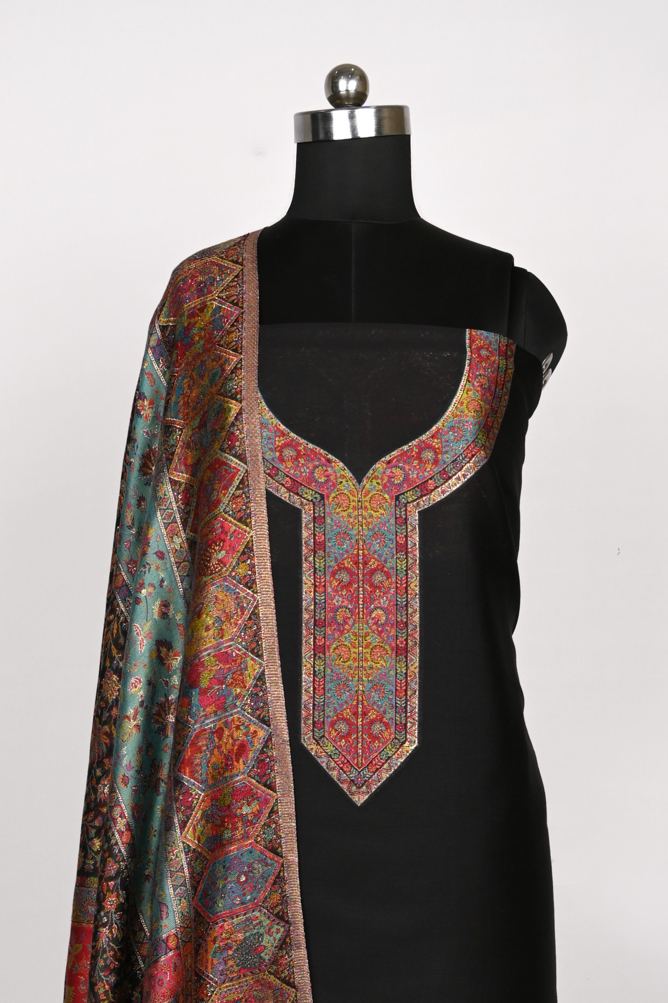 Black Silk Suit Set with Pashmina Dupatta - WEPSH102A