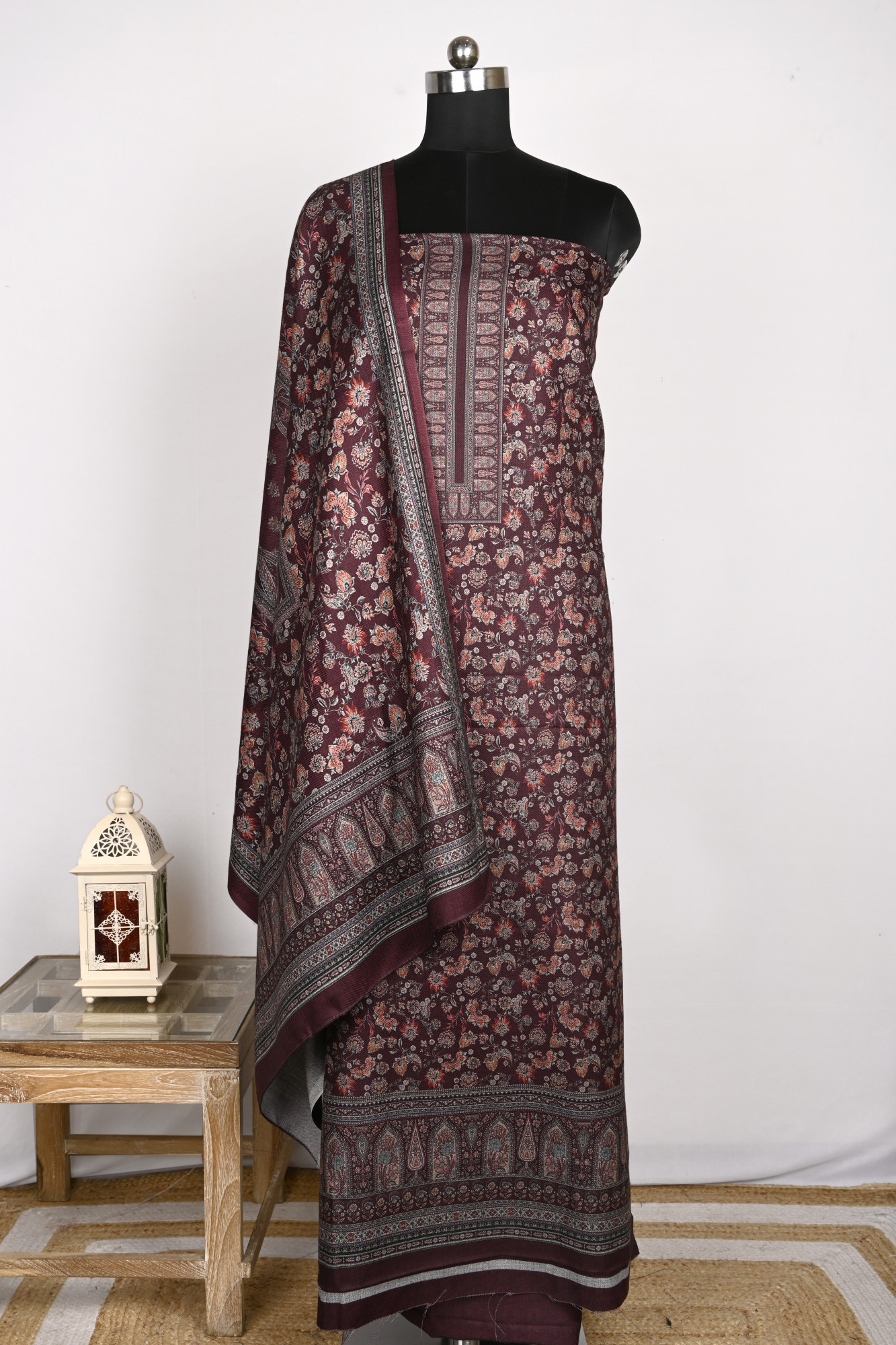 Wine Unstitched Spun Suit Set with Dupatta - 1000-70371B