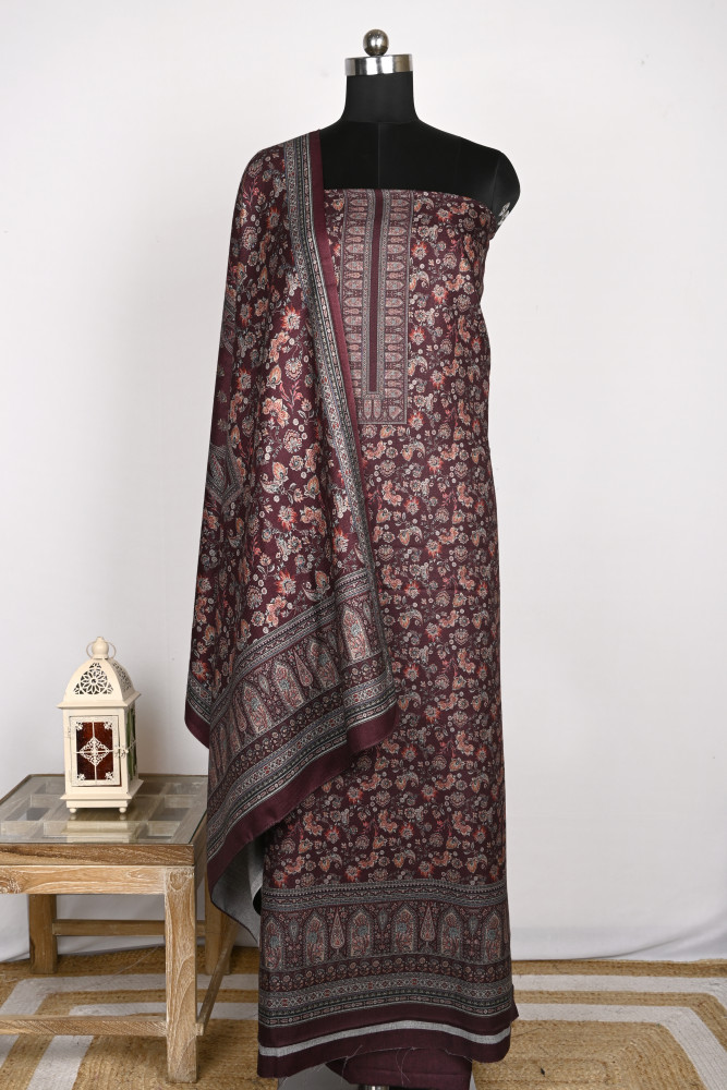 Image of Wine Unstitched Spun Suit Set with Dupatta -  1000-70371B
