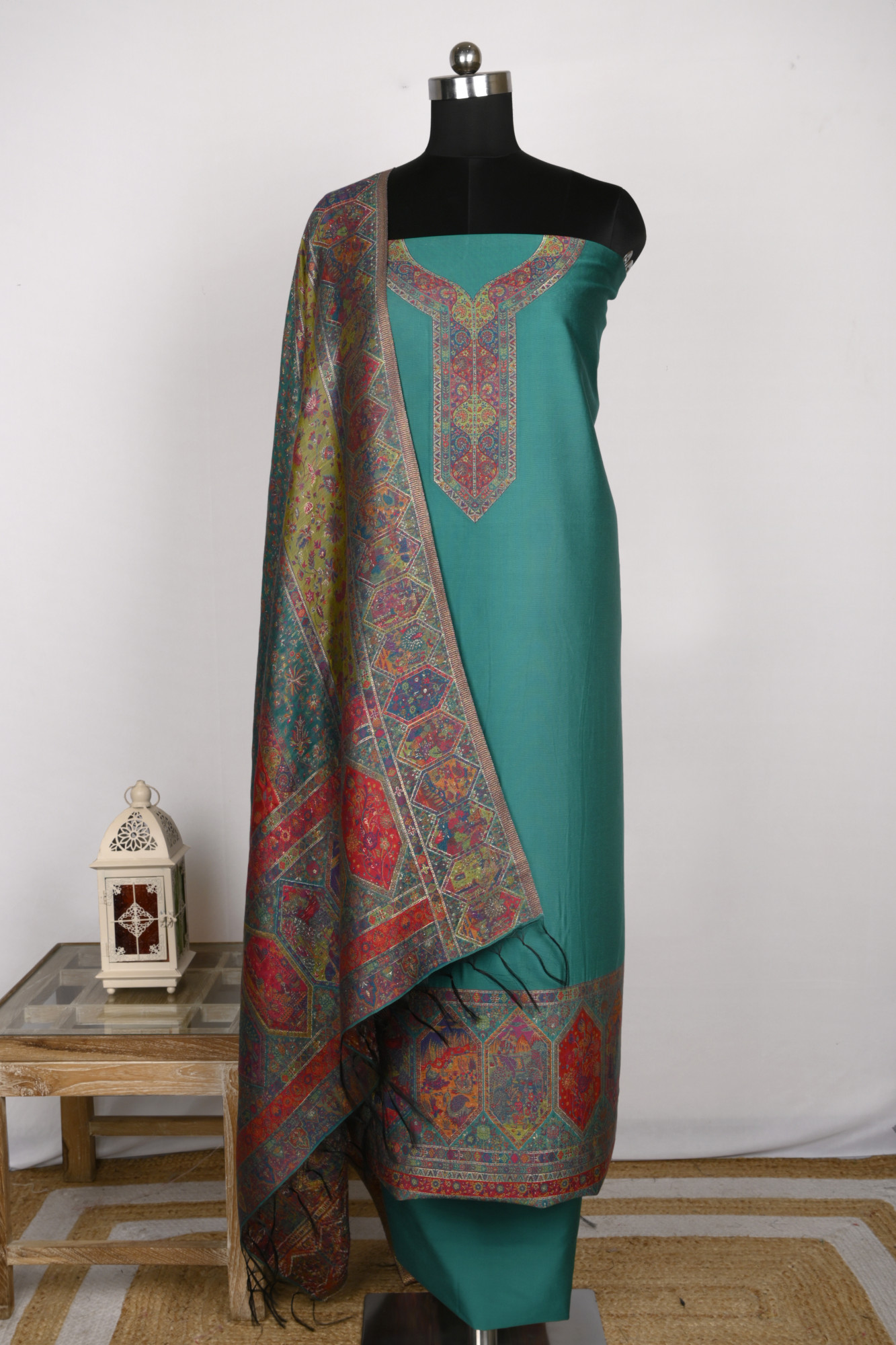 Green Silk Suit Set With Pashmina Dupatta - WEPSH102