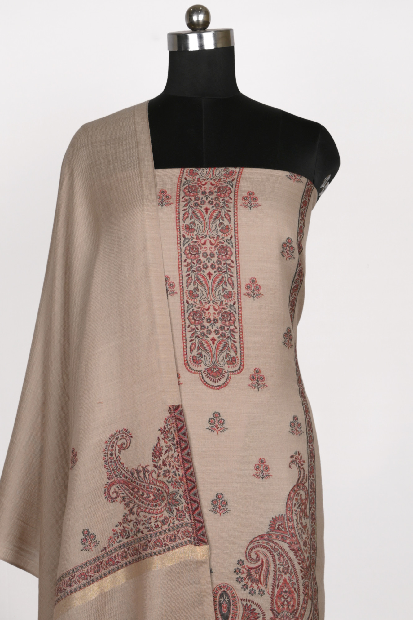 Beige Pashmina Weaving Suit Set with Beautiful Pashmina Dupatta - PASH1402A