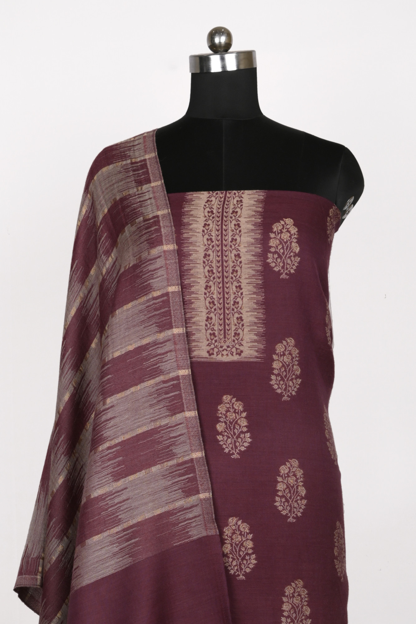Wine Pashmina Weaving Suit Set with Beautiful Pashmina Dupatta - PASH1403B
