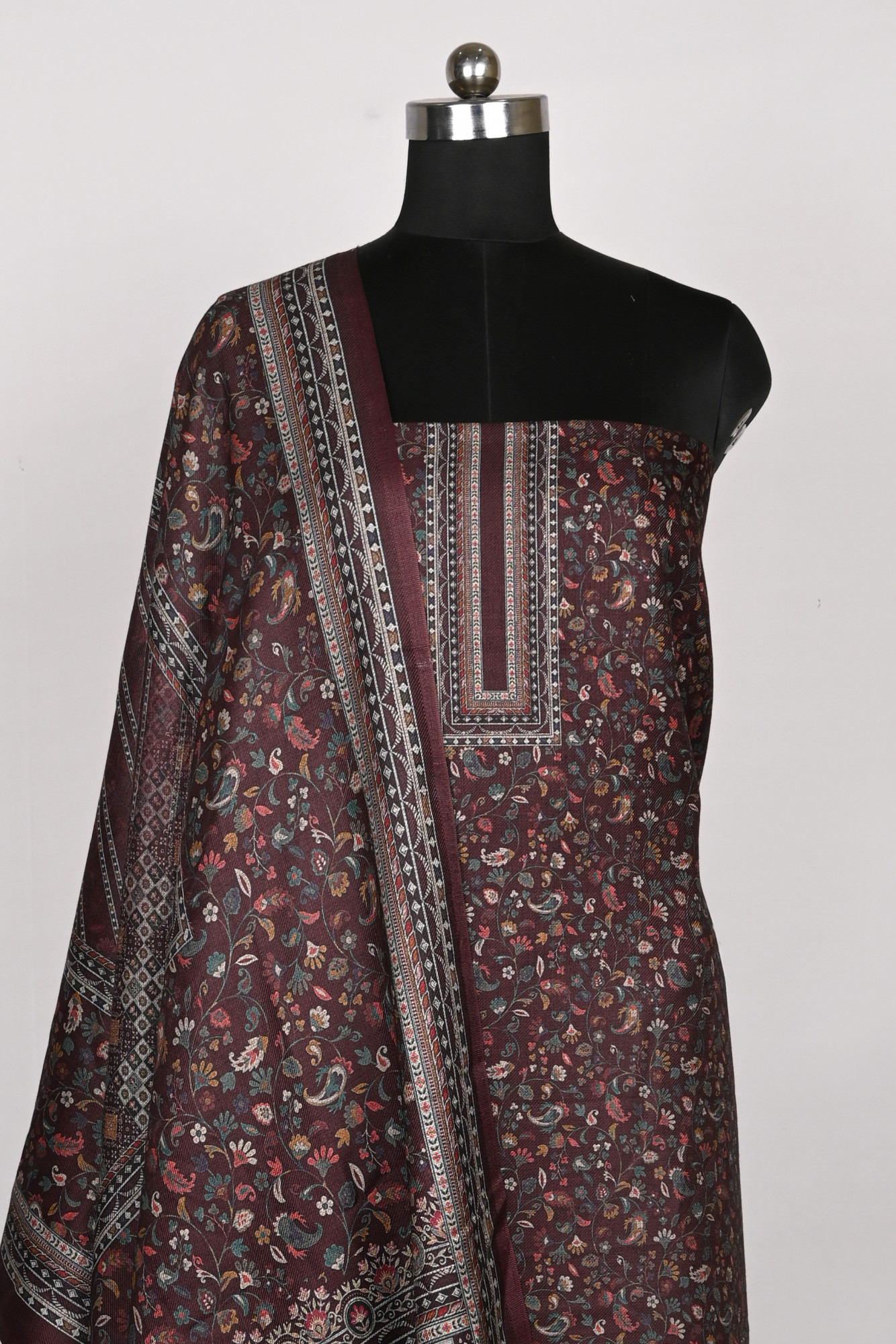 Wine Spun Printed Suit Set with Spun Dupatta - 1000-70372B