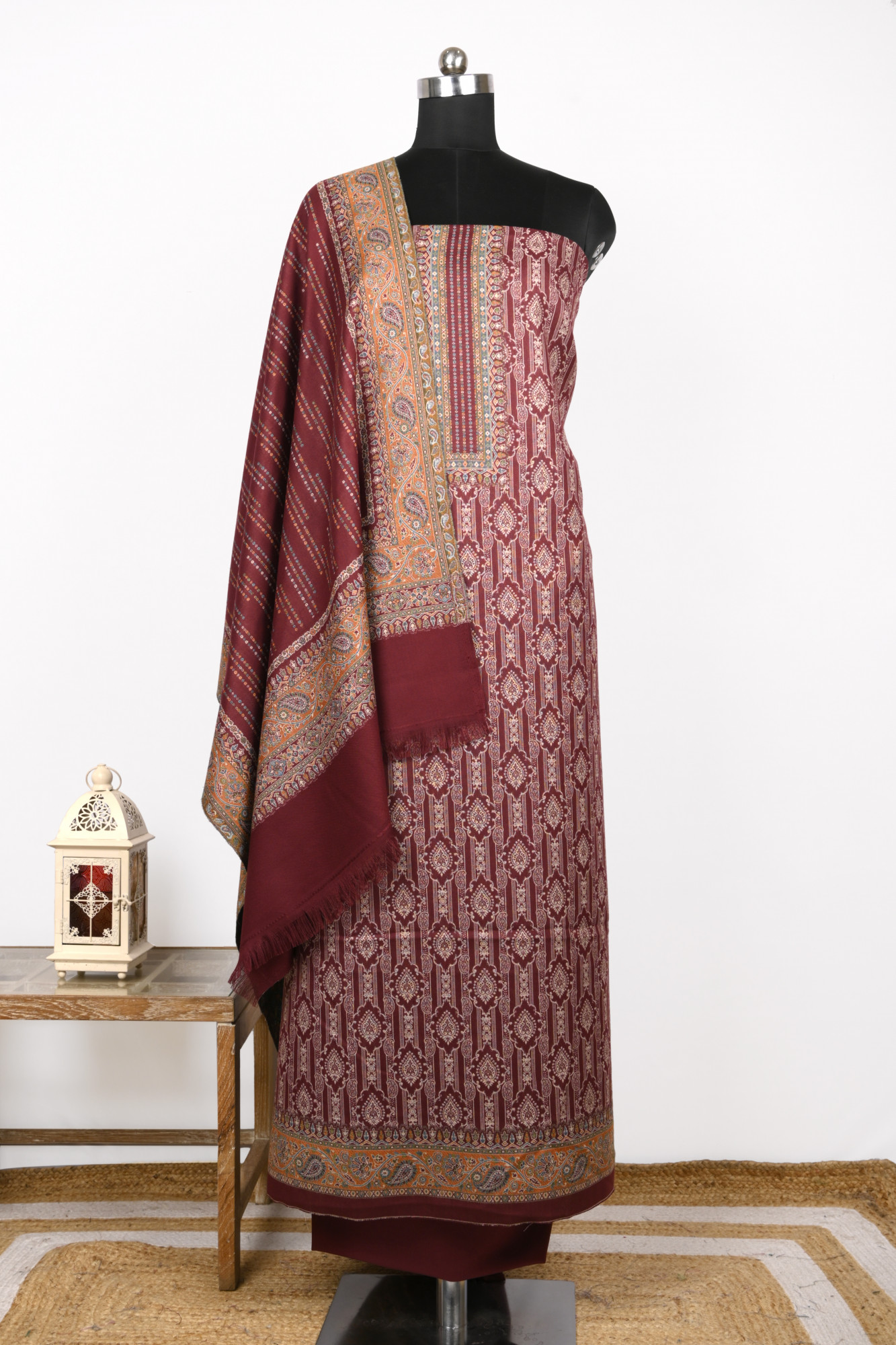 Wine Printed Pashmina Suit Set With Dupatta - 1000-0487