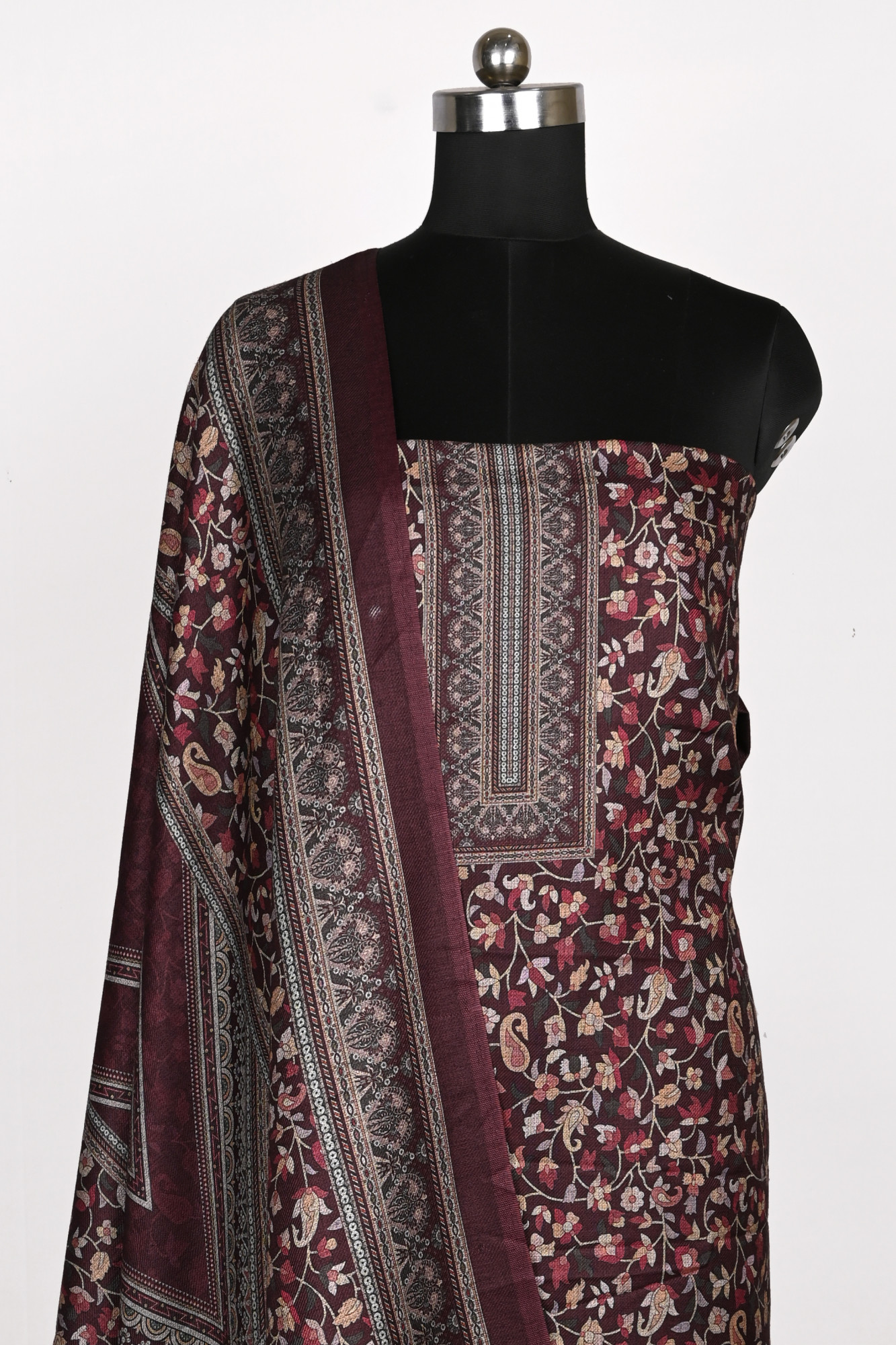 Wine Spun Printed Suit Set with Spun Dupatta - 1000-70373B