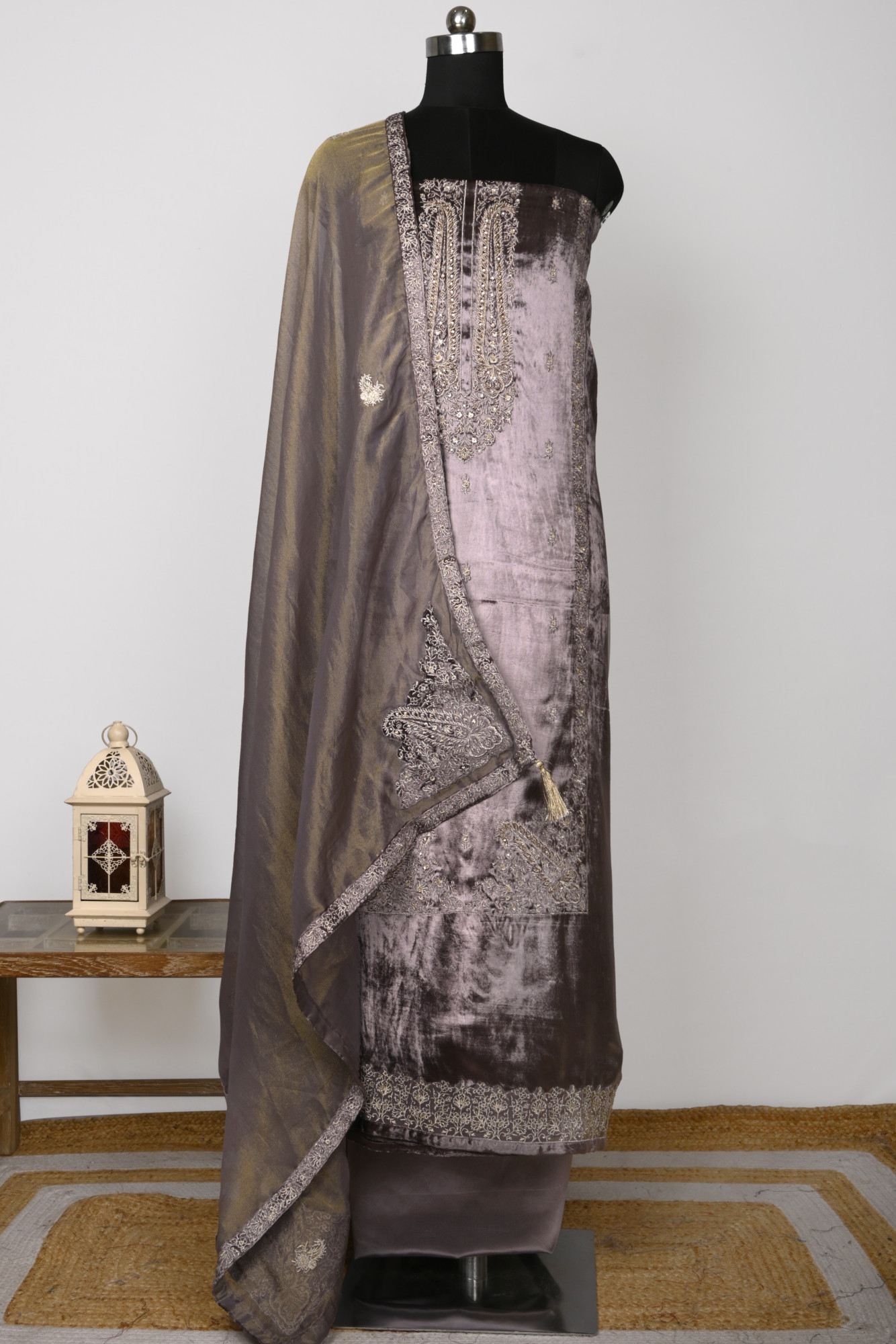 Purple Velvet Suit Set with Beautiful Shimmer Dupatta - NAY2061C