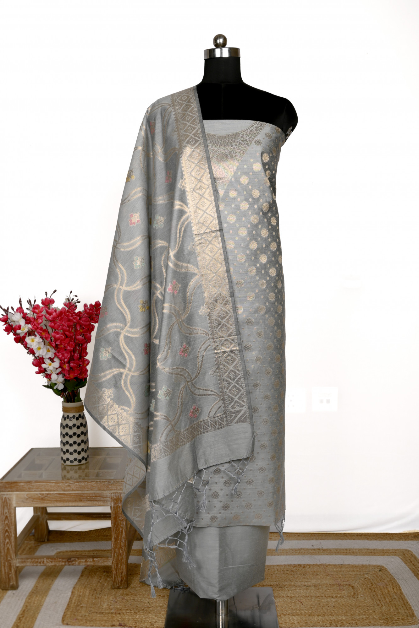 Grey Chanderi silk Suit Set with Chanderi silk Dupatta - 1021-JNF-6E
