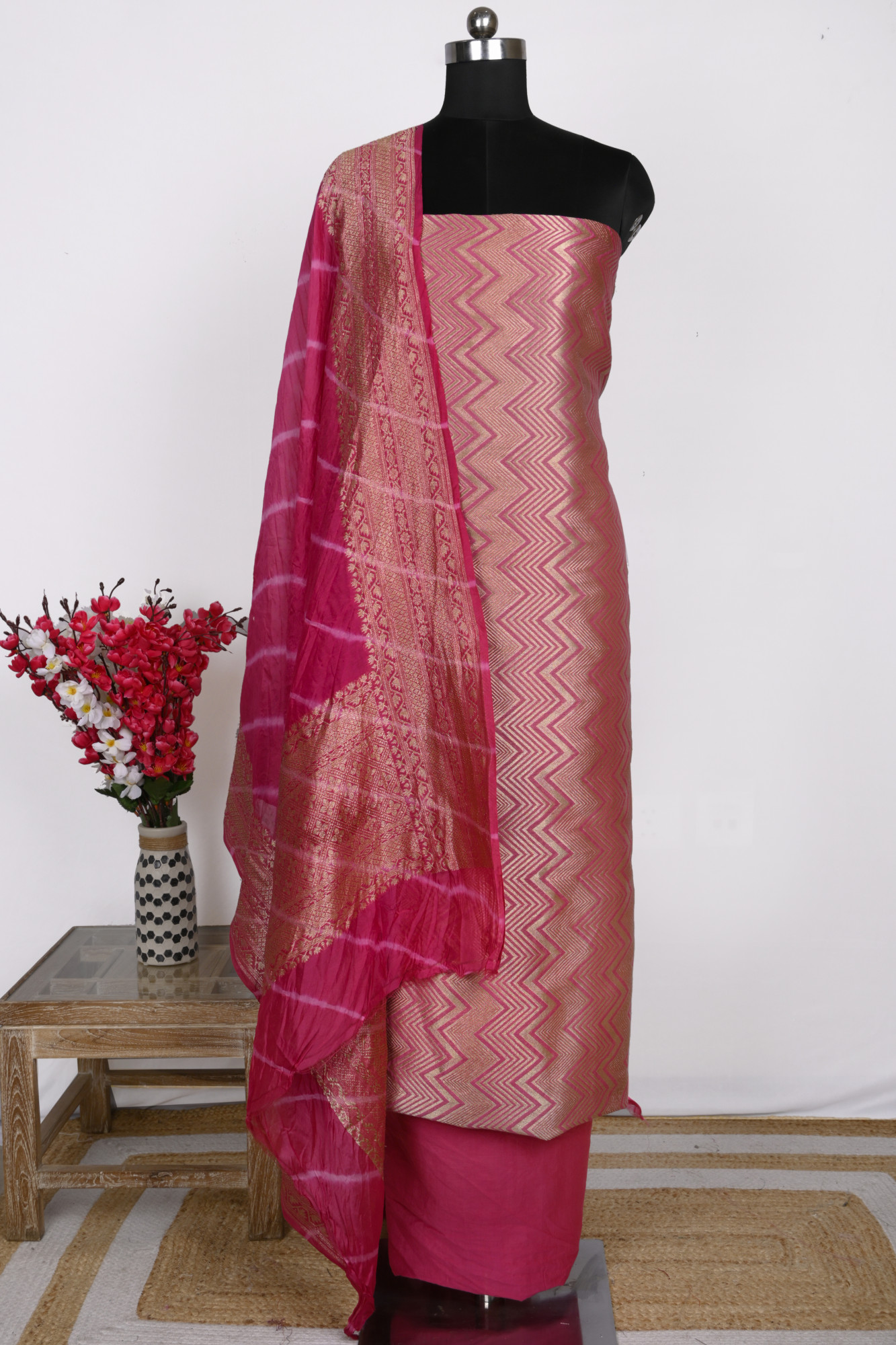 Pink Brocade Suit Set with Chanderi brocade Dupatta - 933-11634B