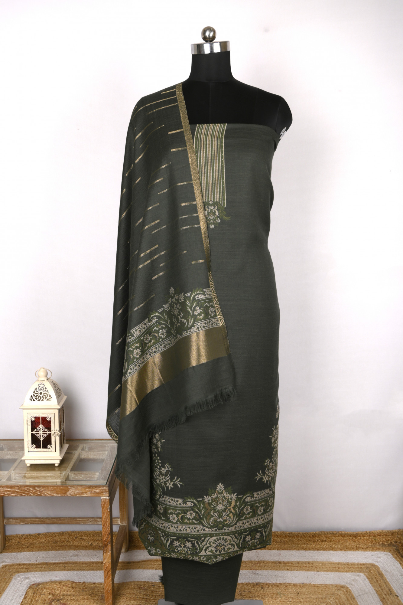 Green Pashmina Suit with Pashmina Dupatta - PASH1413B