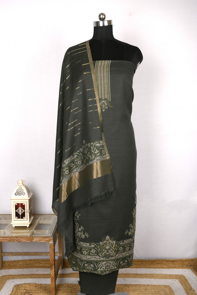 Image of Green Pashmina Suit with Pashmina Dupatta - PASH1413B